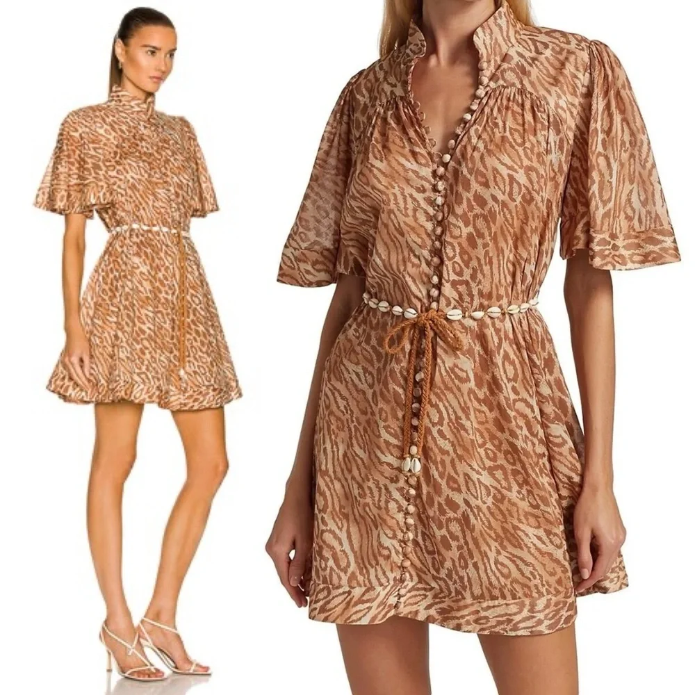 ZIMMERMANN Tropicana Flutter Sleeve Mini Dress in Leopard Size:1 US:6 - Picture 14 of 16